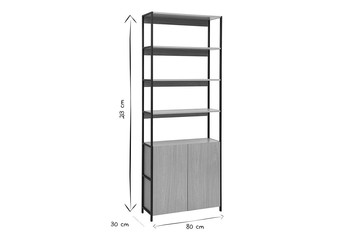 Biblioth�que MAXENCE L80xP30xH213 cm en noir et blanc, vue de face avec dimensions indiqu�es.