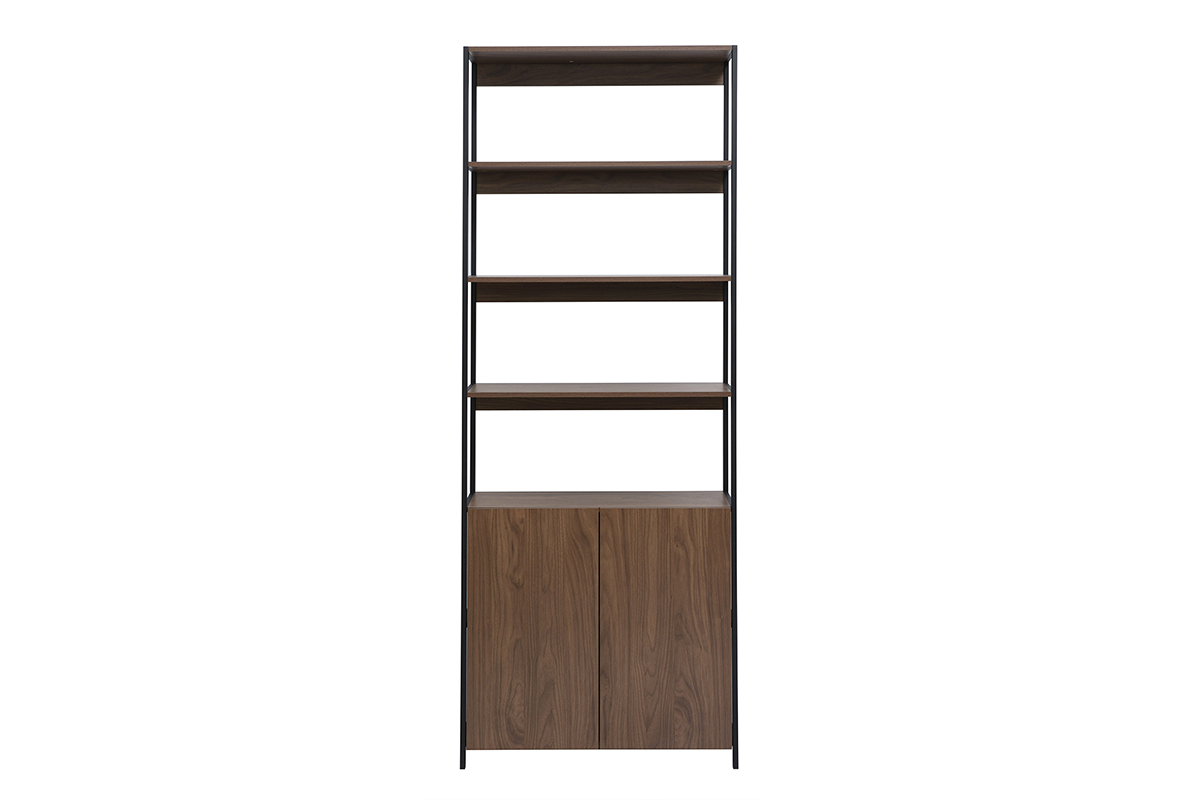 Biblioth�que MAXENCE en bois de noyer fonc� et m�tal noir, vue de face, avec �tag�res et rangement � portes.
