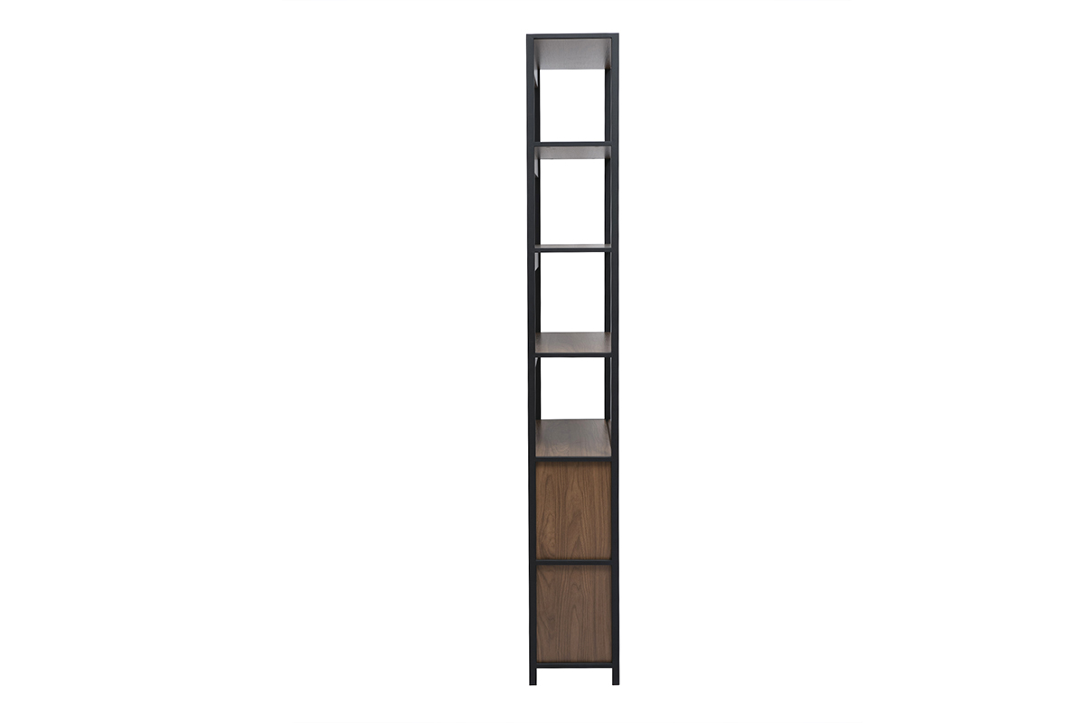 Biblioth�que �troite bois fonc� et m�tal noir, vue de profilavec �tag�res et rangements.