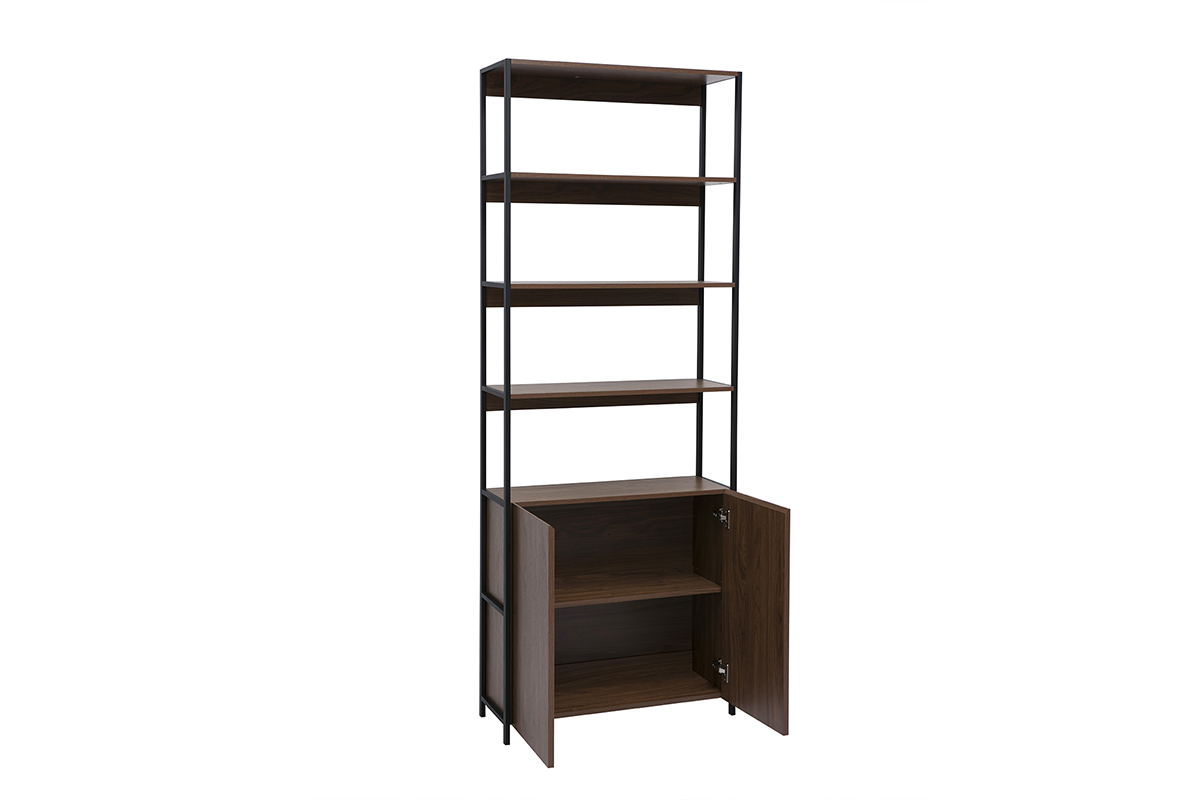 Biblioth�que MAXENCE en bois fonc� avec �tag�res ouvertes et espace de rangement � portes, vue de 3/4.