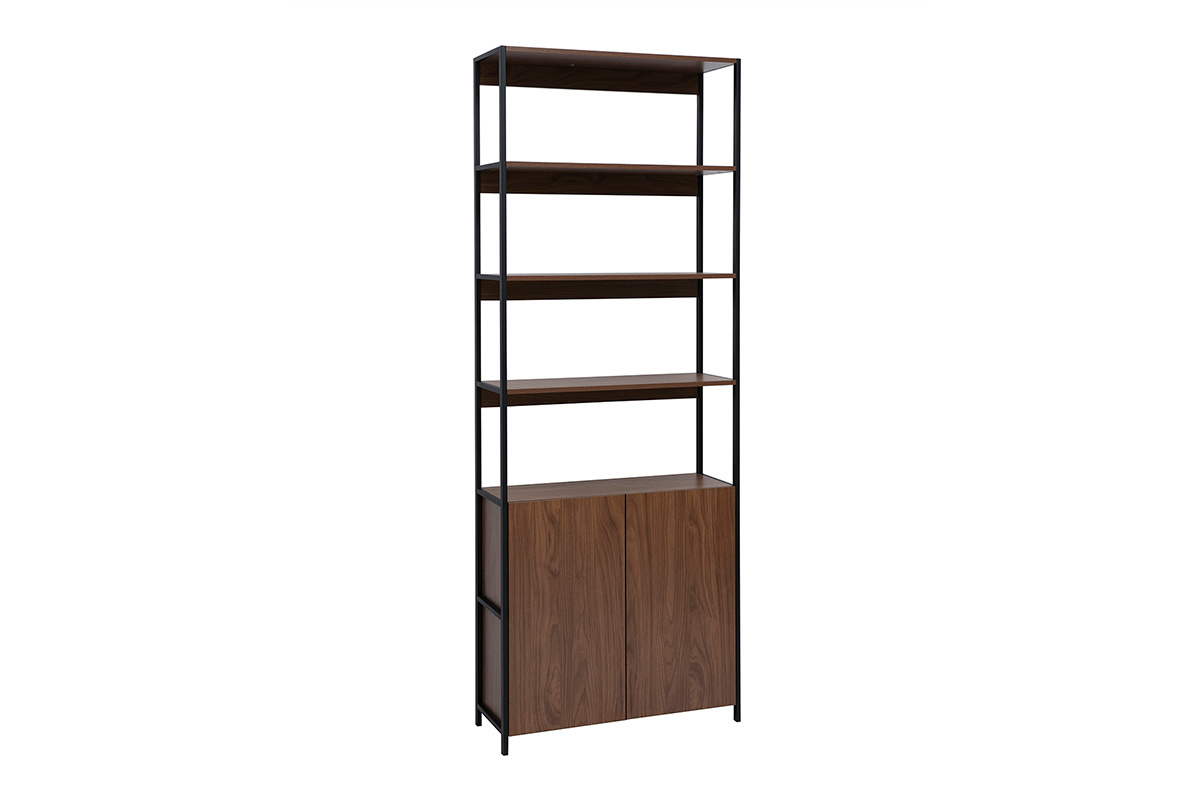 Biblioth�que en bois fonc� et m�tal noir avec quatre �tag�res ouvertes et deux portes, vue de 3/4.