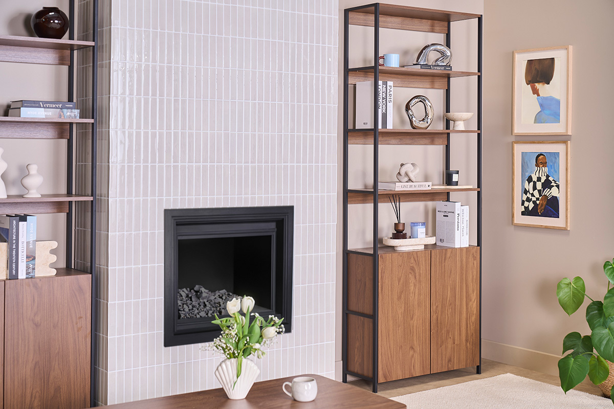 Biblioth�que avec rangements finition bois fonc� noyer et m�tal noir L80 cm MAXENCE