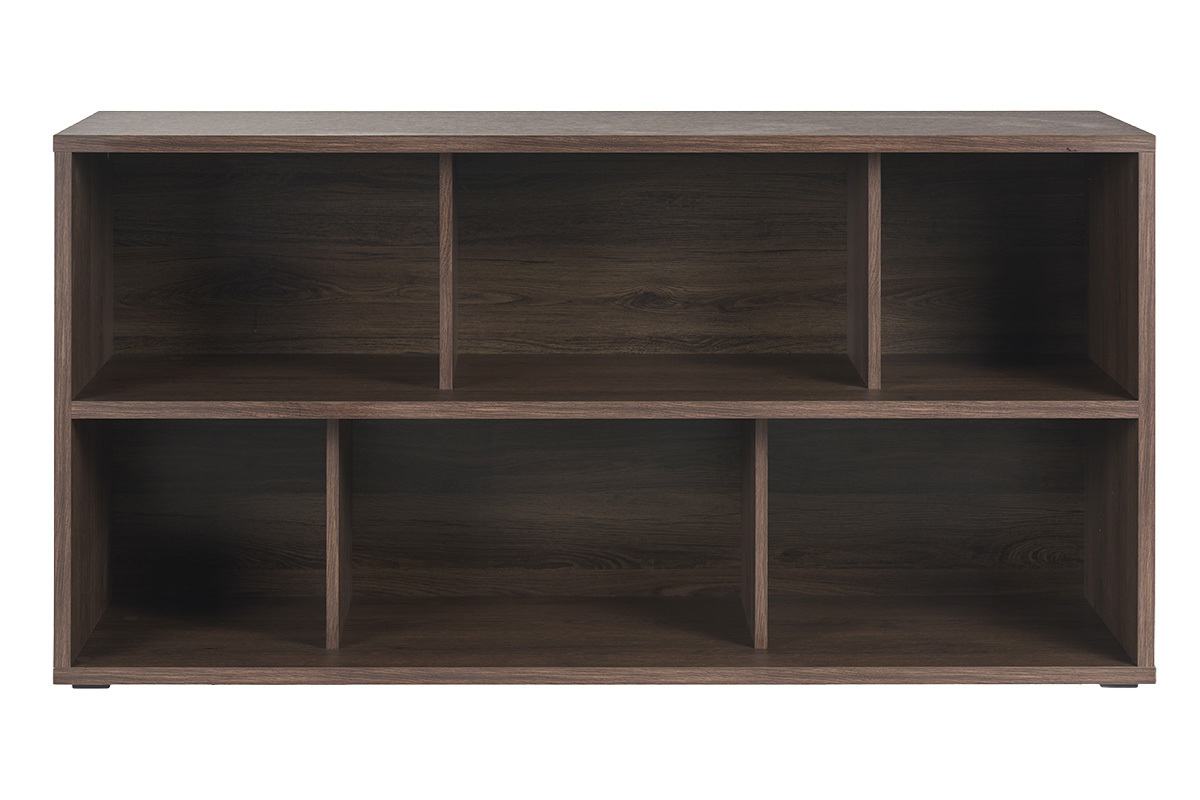 Biblioth�que basse EPURE en bois fonc�, 6 casiers, vue de face.