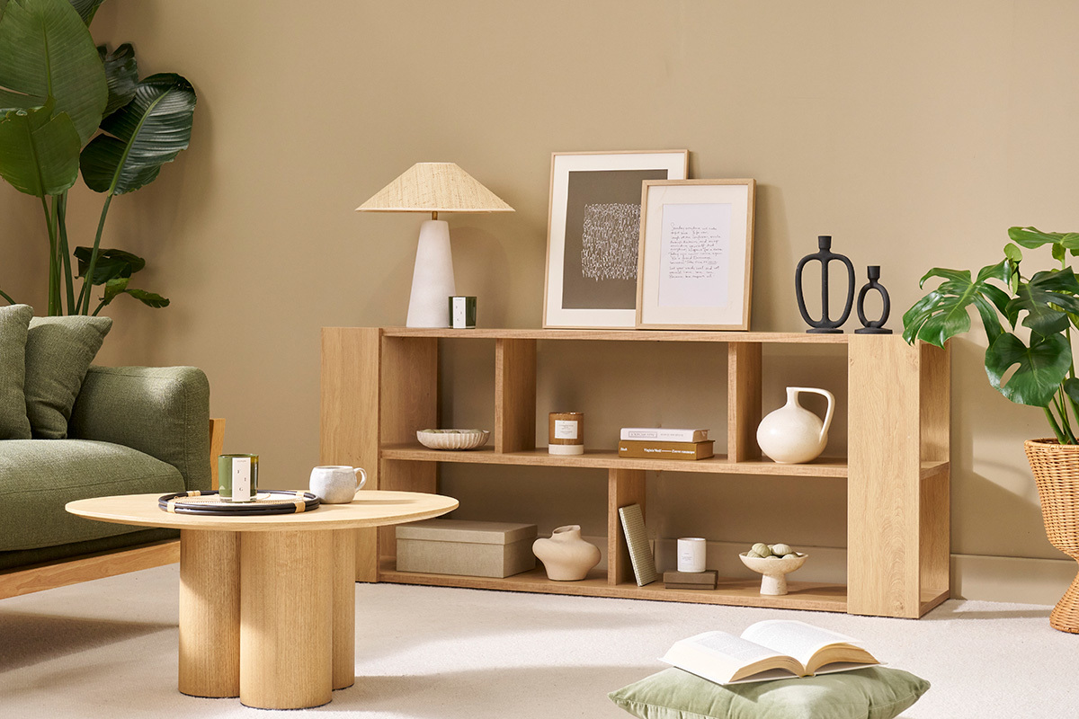 Biblioth�que basse ouverte design finition bois clair ch�ne L167.5 cm MUSSO