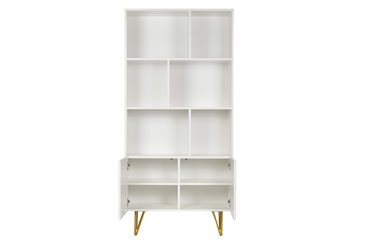 Biblioth�que design grav�e blanc mat et m�tal dor� 2 portes L86 cm OZEN