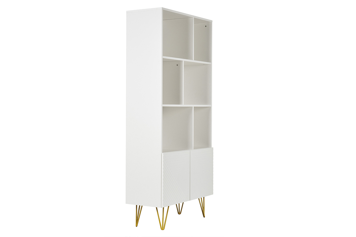 Biblioth�que design grav�e blanc mat et m�tal dor� 2 portes L86 cm OZEN
