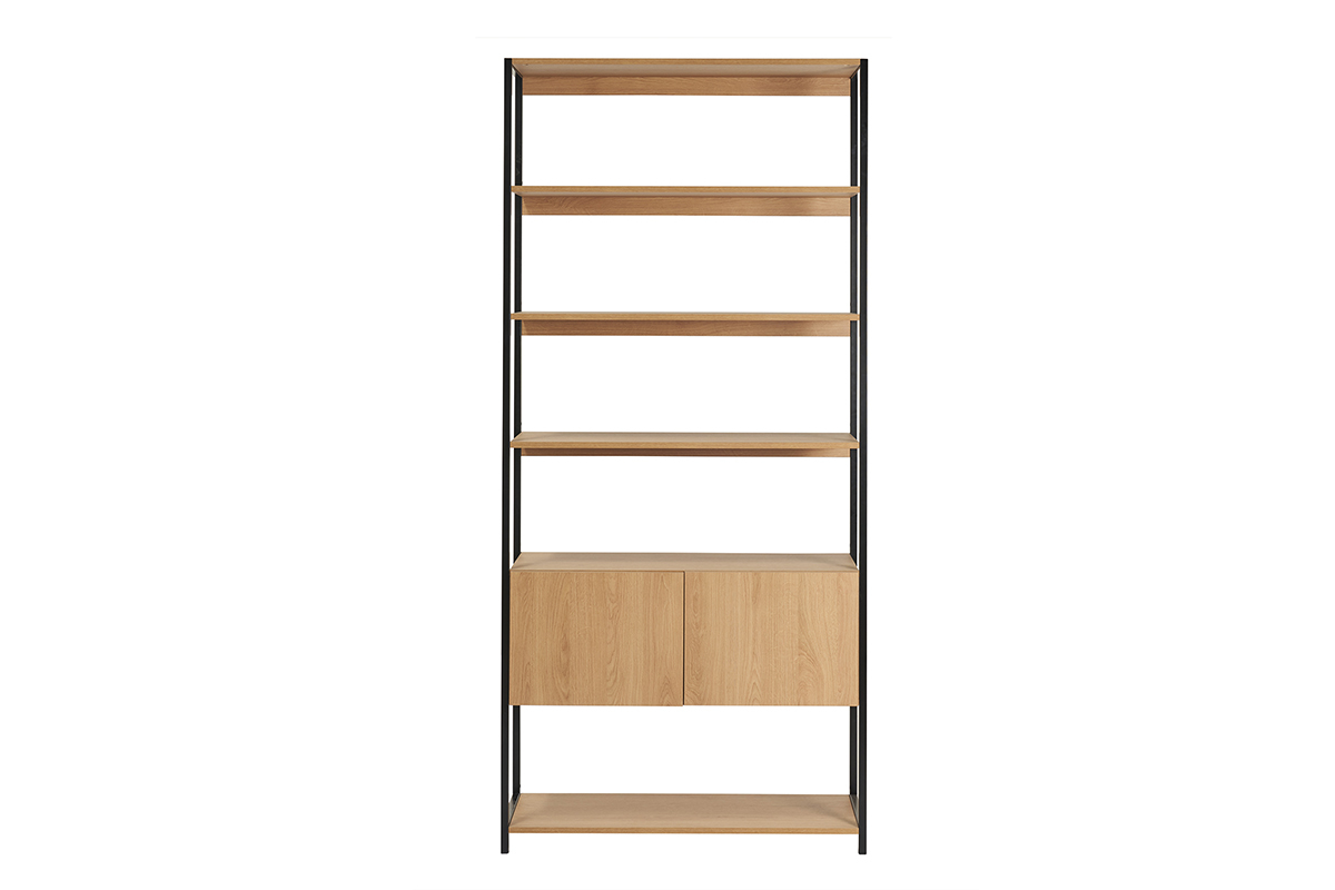 Biblioth�que �tag�re avec rangement ferm� finition bois clair ch�ne et m�tal noir L94 cm FLEA
