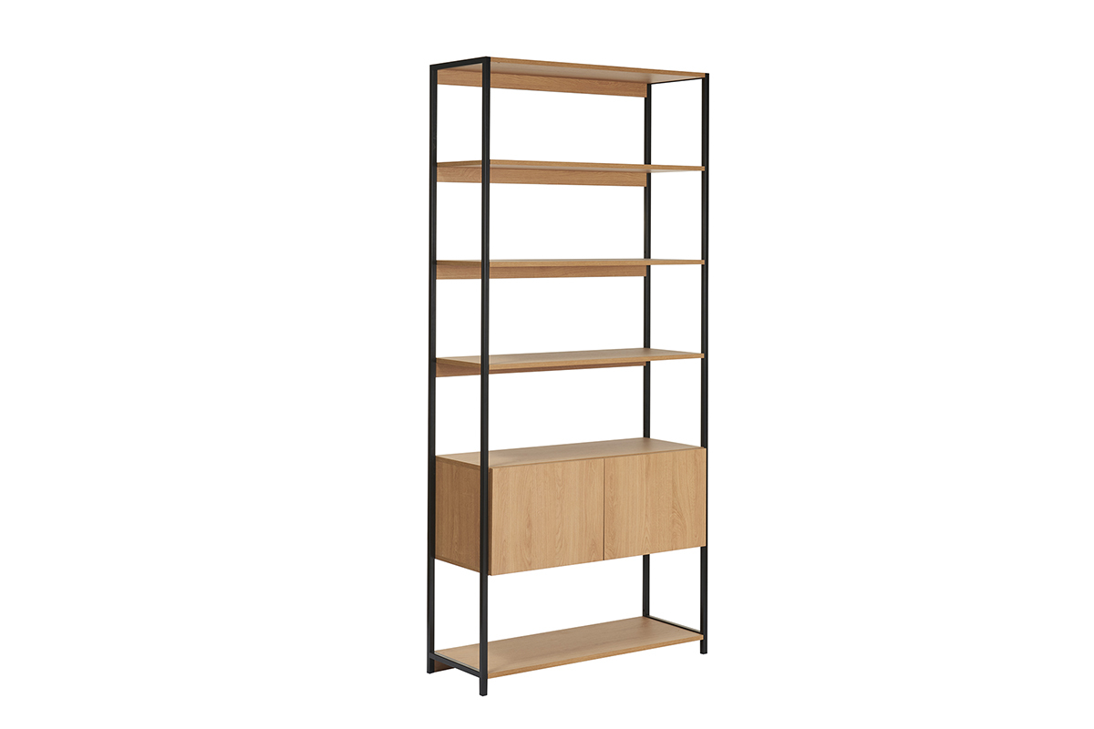 Biblioth�que �tag�re avec rangement ferm� finition bois clair ch�ne et m�tal noir L94 cm FLEA