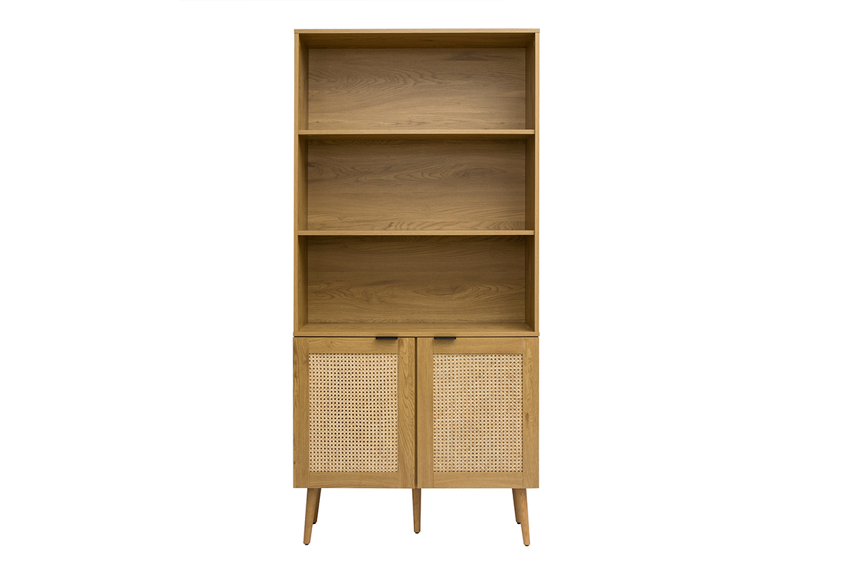 Biblioth�que finition bois clair, cannage en rotin et m�tal noir L90 MANILLE