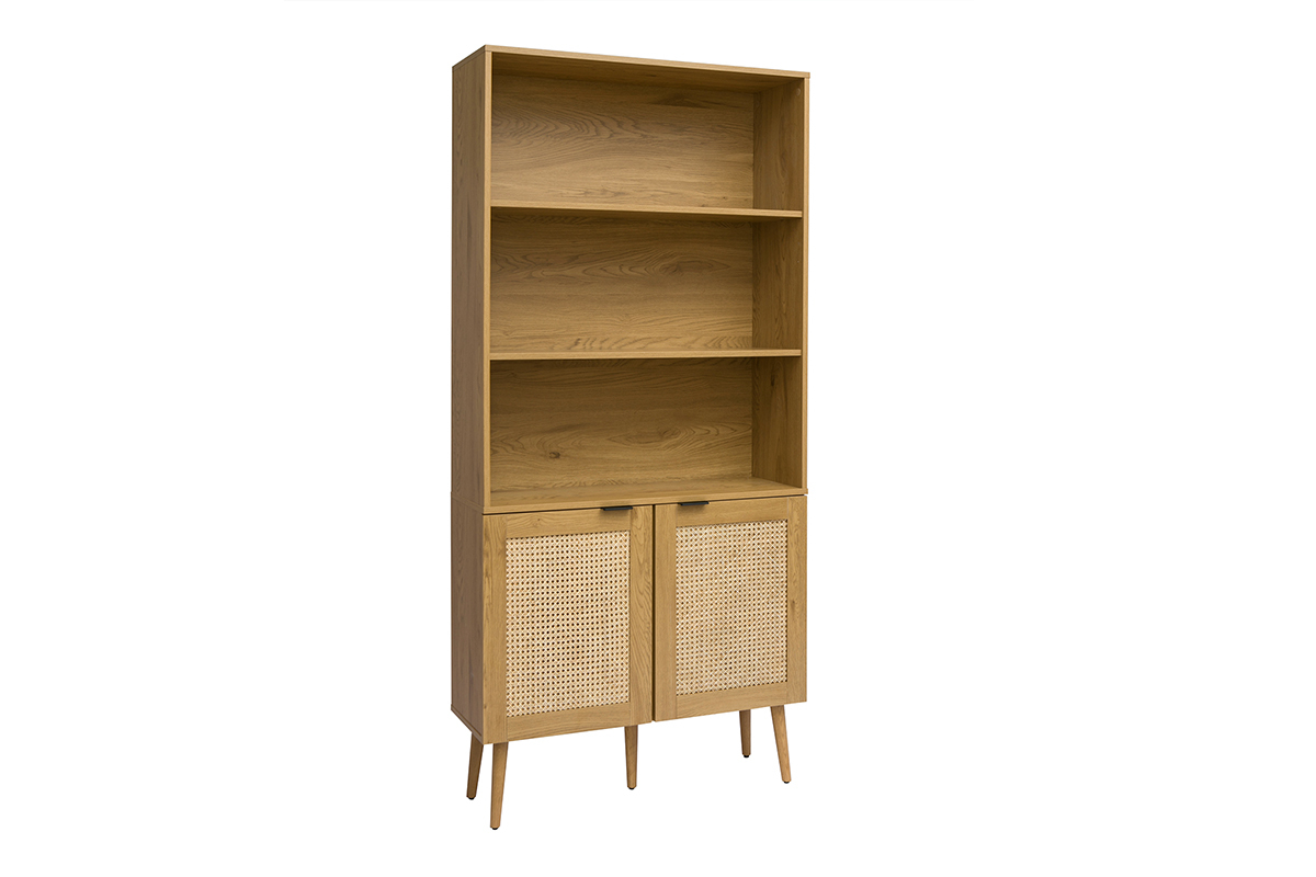Biblioth�que finition bois clair, cannage en rotin et m�tal noir L90 MANILLE