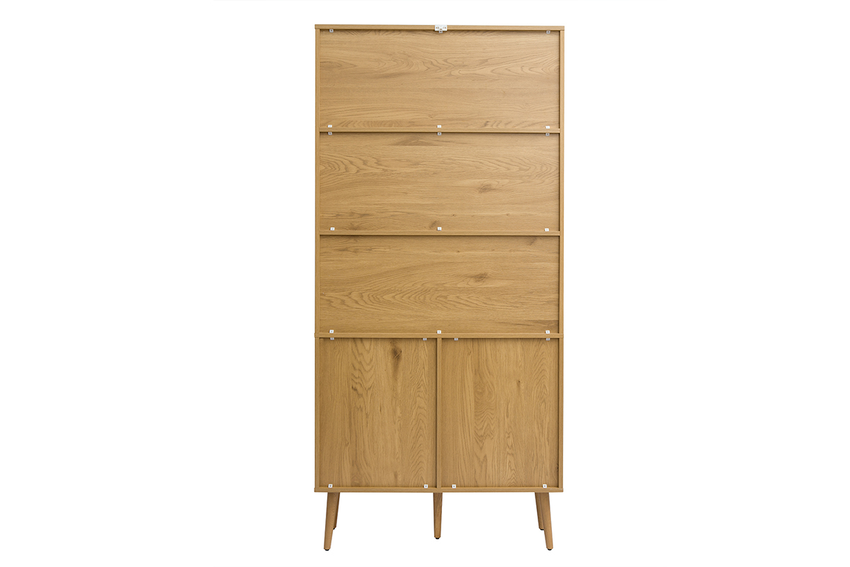 Biblioth�que finition bois clair, cannage en rotin et m�tal noir L90 MANILLE