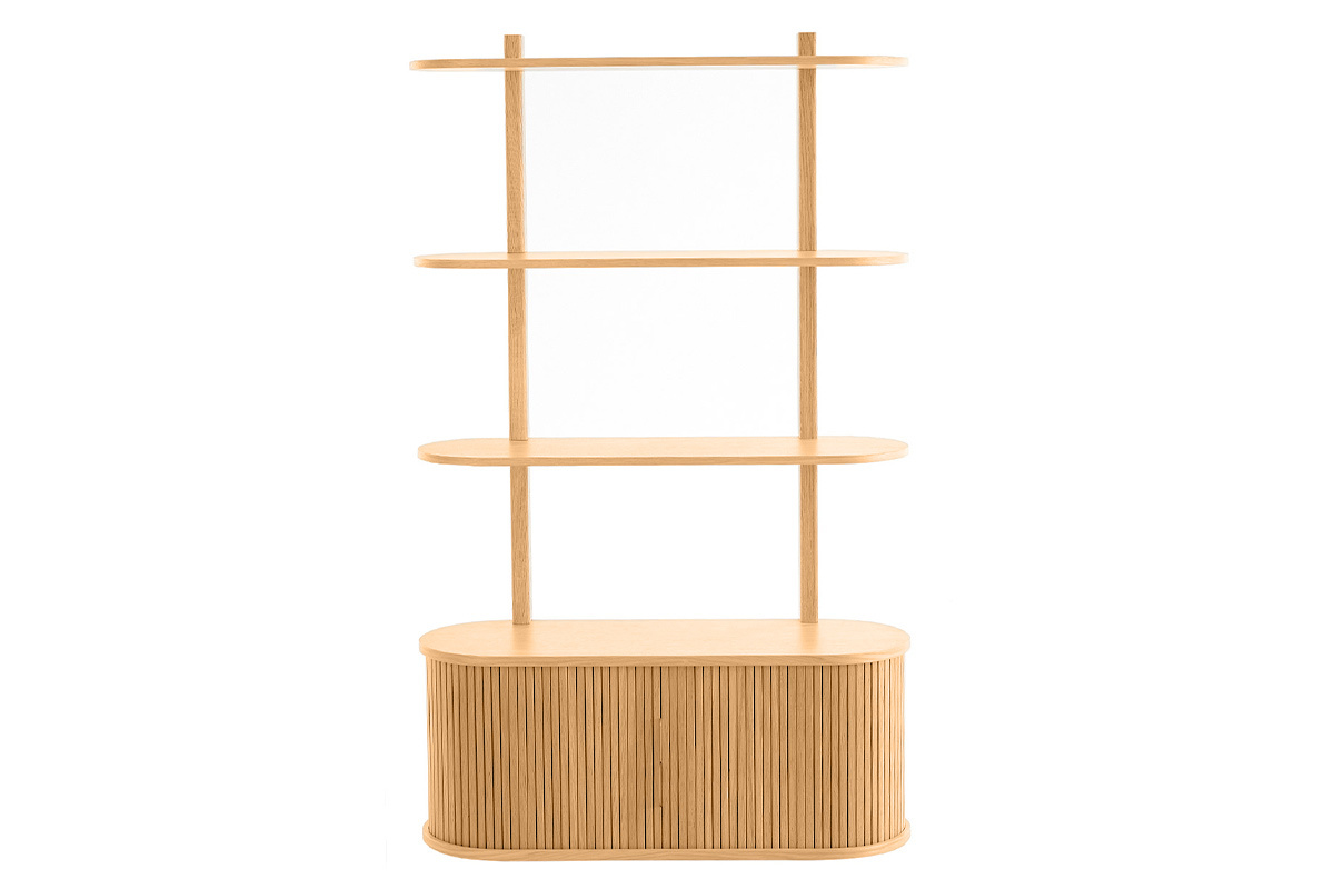 Biblioth�que murale en bois clair ch�ne avec rangement 2 portes coulissantes L90 cm EPIC