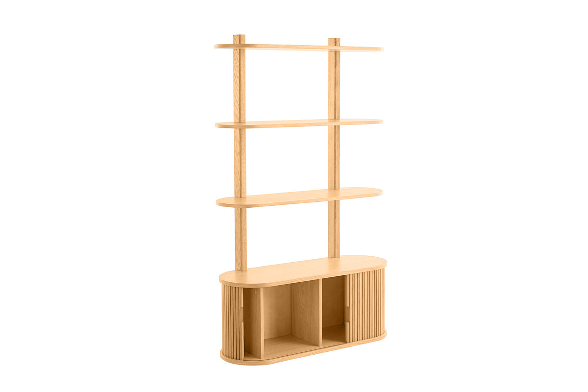 Biblioth�que murale en bois clair ch�ne avec rangement 2 portes coulissantes L90 cm EPIC