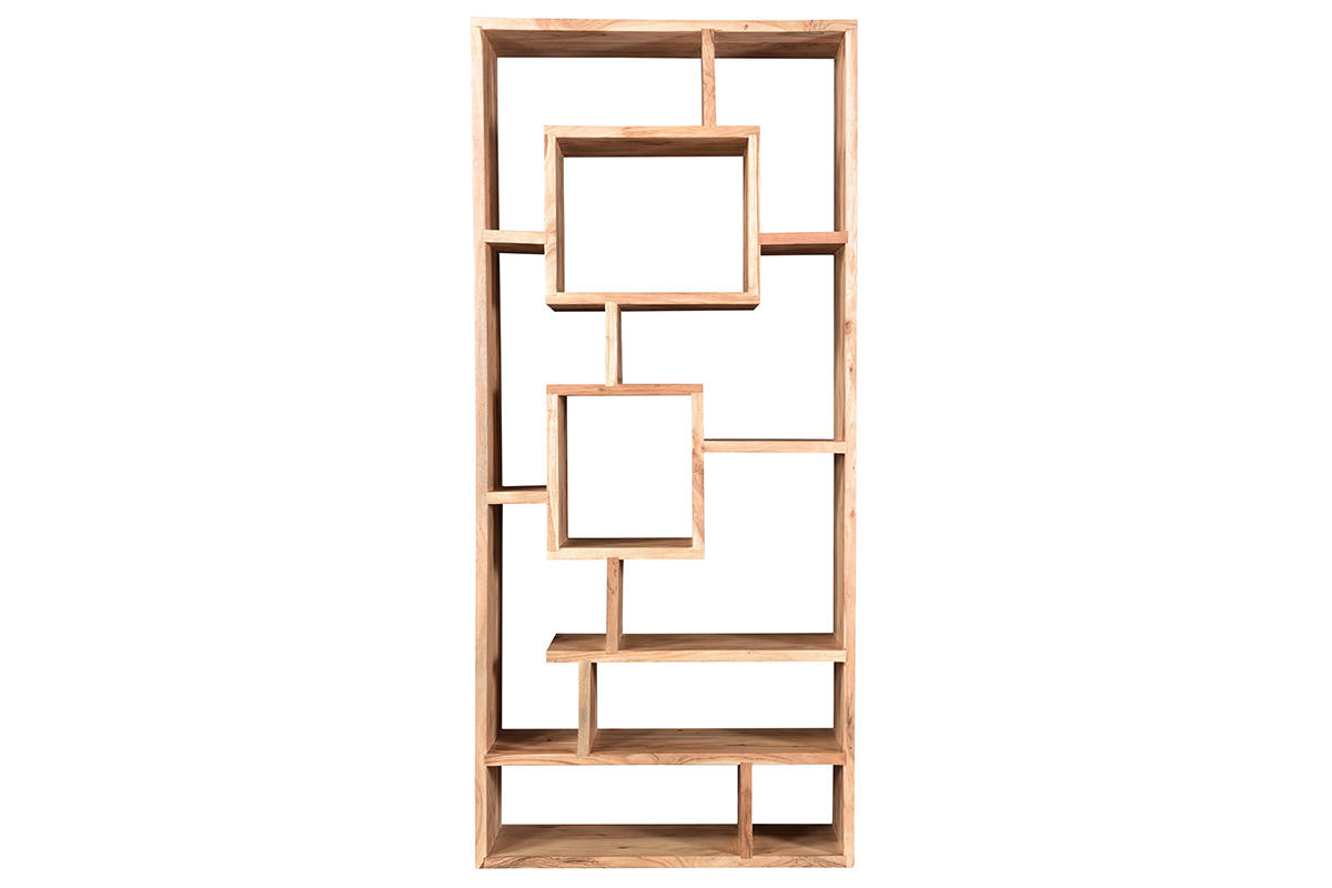 Biblioth�que ouverte en bois massif, �tag�res asym�triques, vue de face.