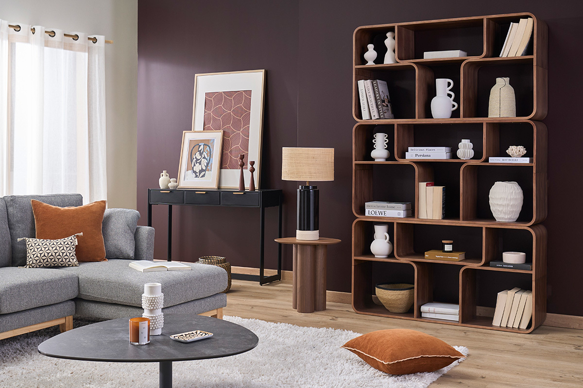 Biblioth�que ouverte multi casiers en bois fonc� noyer L120 cm WARHOL