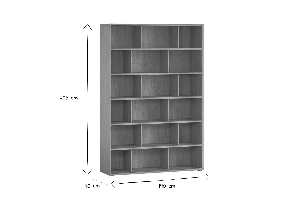 Biblioth�que scandinave EPURE dimensions L140xP40xH206 cm en noir et blanc, vue en angle.