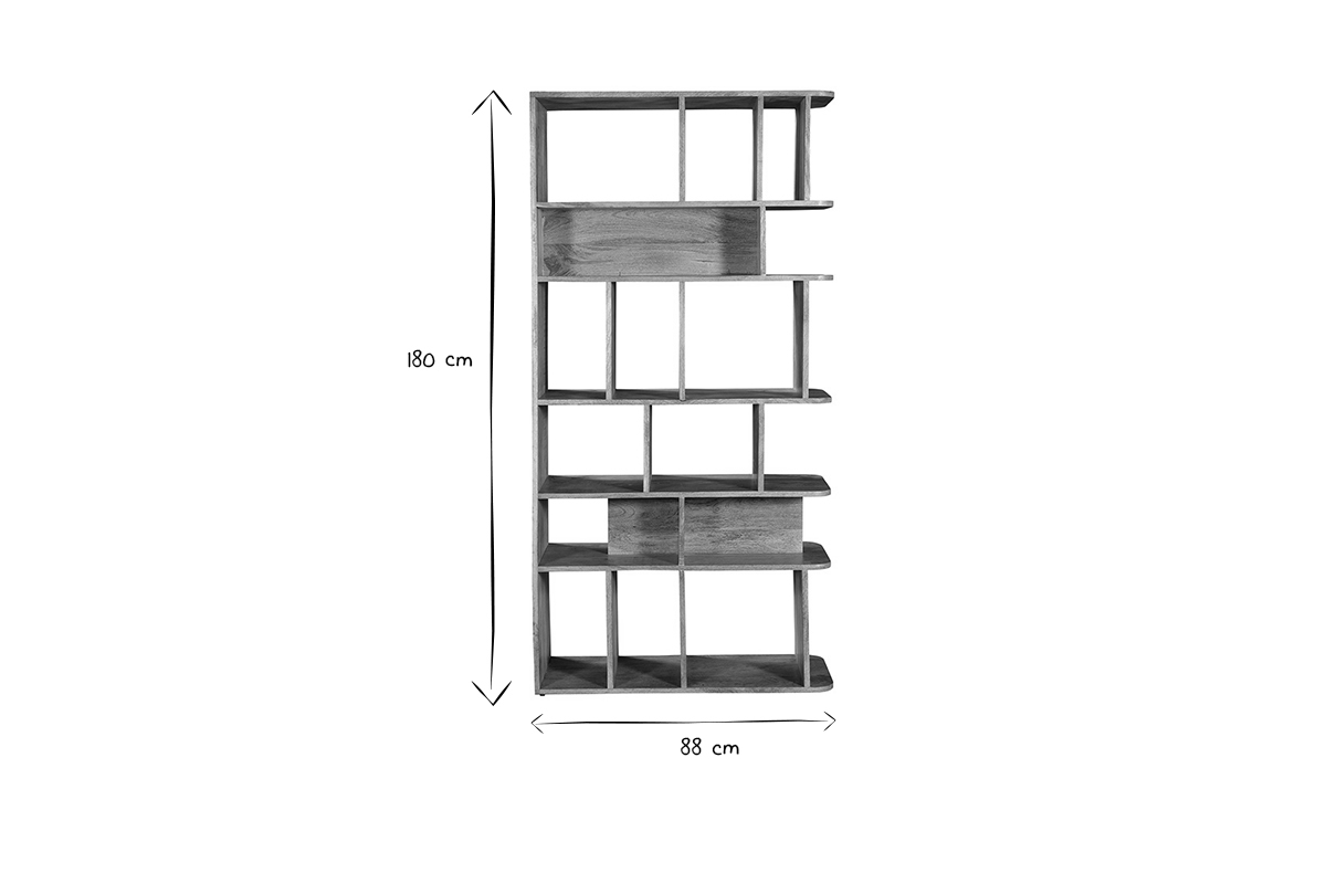 Biblioth�que en bois manguier massif L88 x H180 cm, noir et blanc, vue de face.
