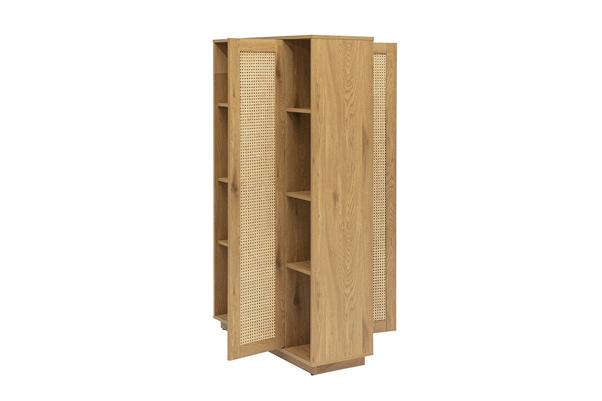 Biblioth�que s�paratrice ALICANTE en bois clair ch�ne avec cannage rotin, vue de trois quarts