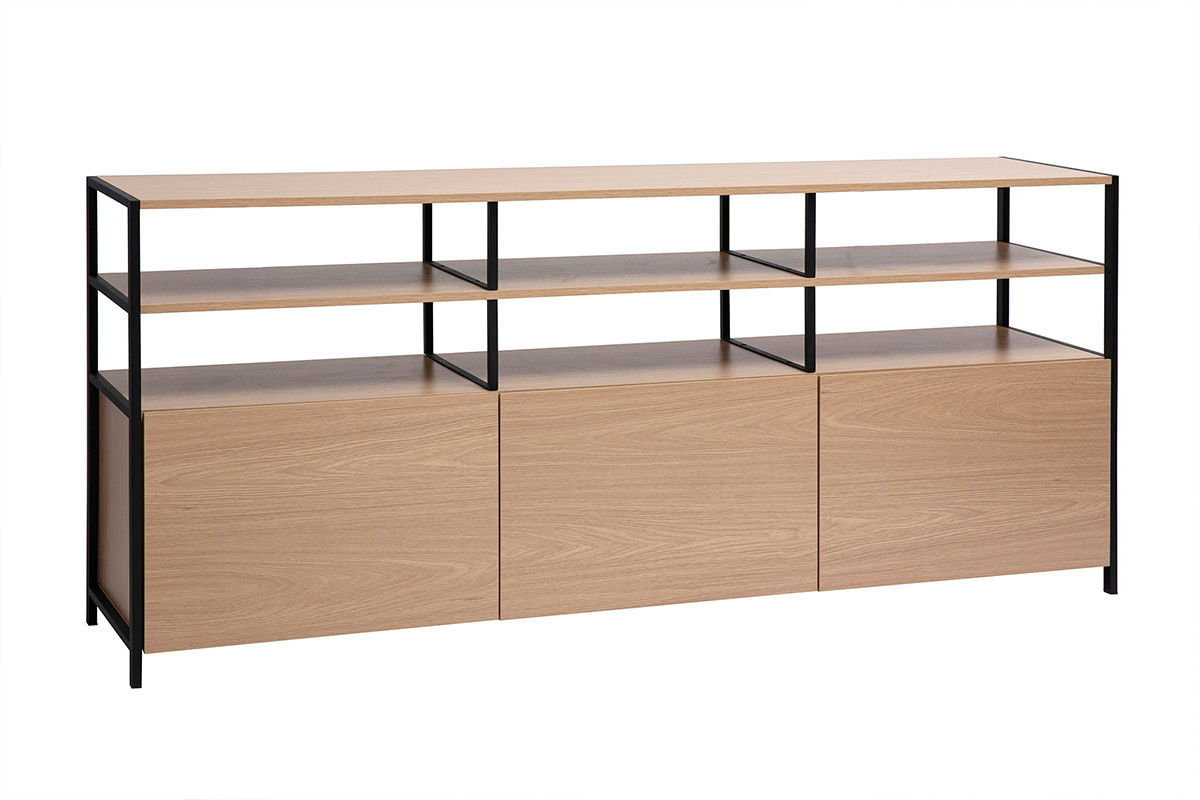 Buffet bas en bois clair et m�tal noir, vue de profil avec �tag�res ouvertes et trois compartiments ferm�s.