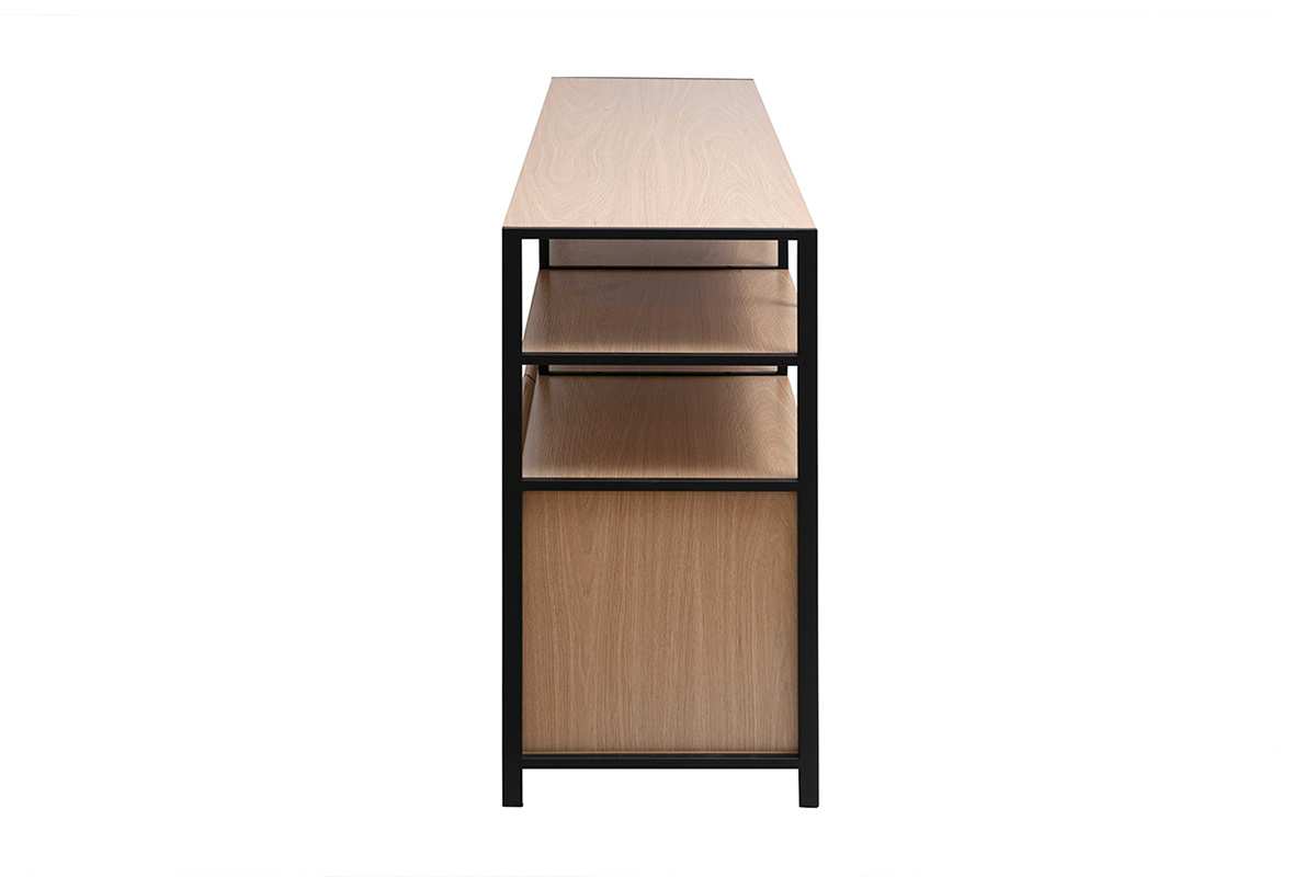 Buffet bas en bois clair et m�tal noir, vue de c�t�.