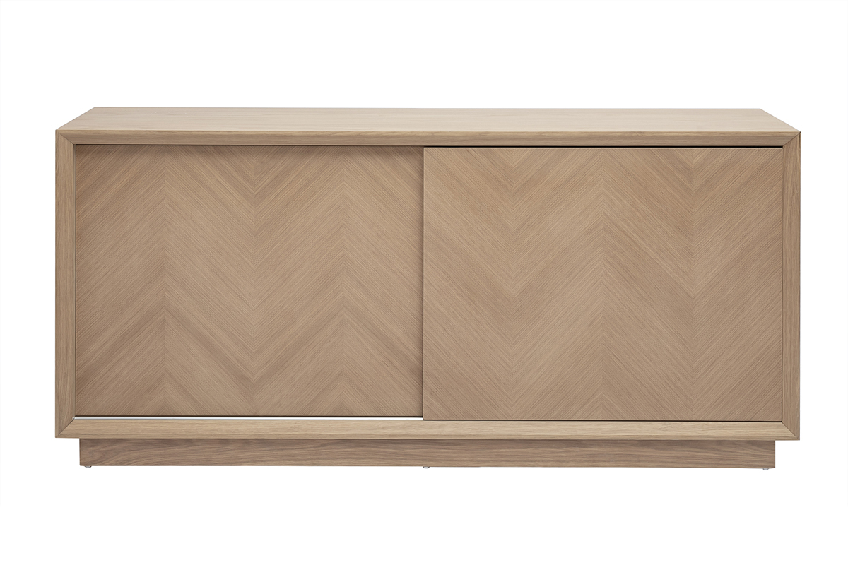 Buffet ARROW en bois clair ch�ne avec motifs chevrons, dimensions 160x39x74,5 cm, deux portes coulissantes.