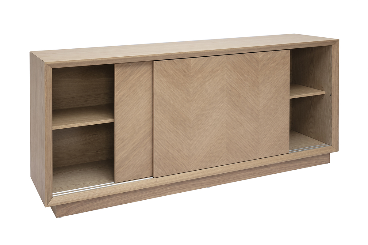 Buffet en bois clair avec motifs chevrons et portes coulissantes, mod�le ARROW, L160 cm