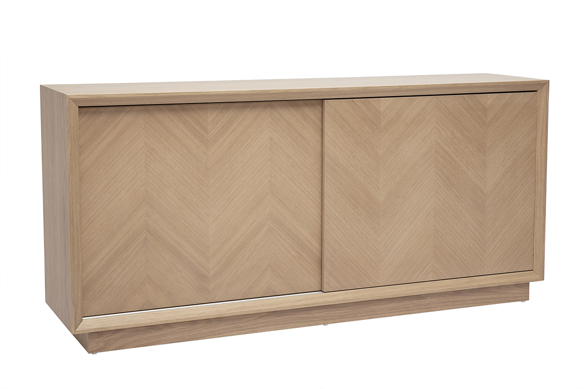 Buffet � motifs chevrons en bois clair ch�ne avec deux portes coulissantes, 160 cm de largeur, mod�le ARROW.