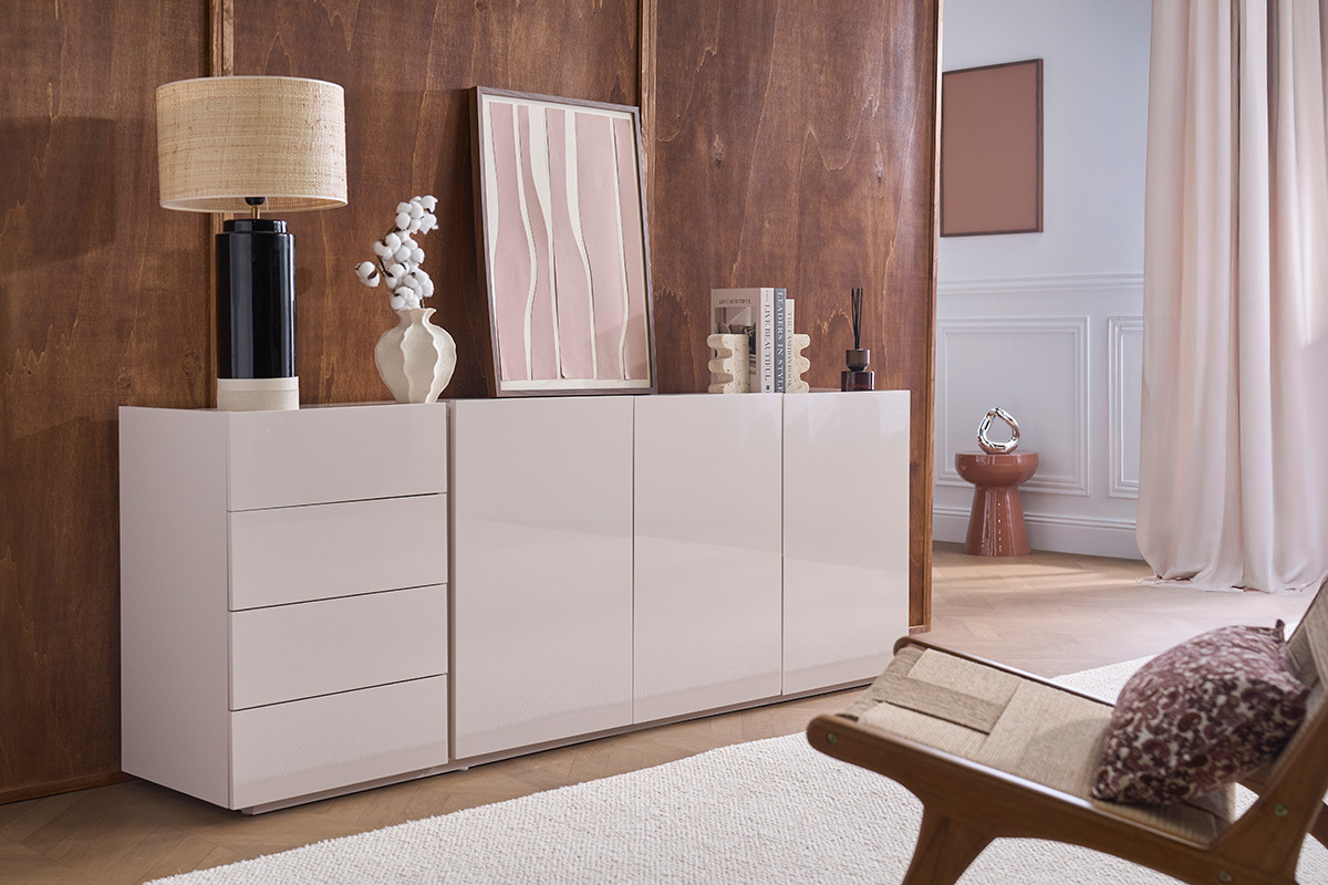 Buffet beige laqu� brillant 3 portes 4 tiroirs L200 cm ISAURE
