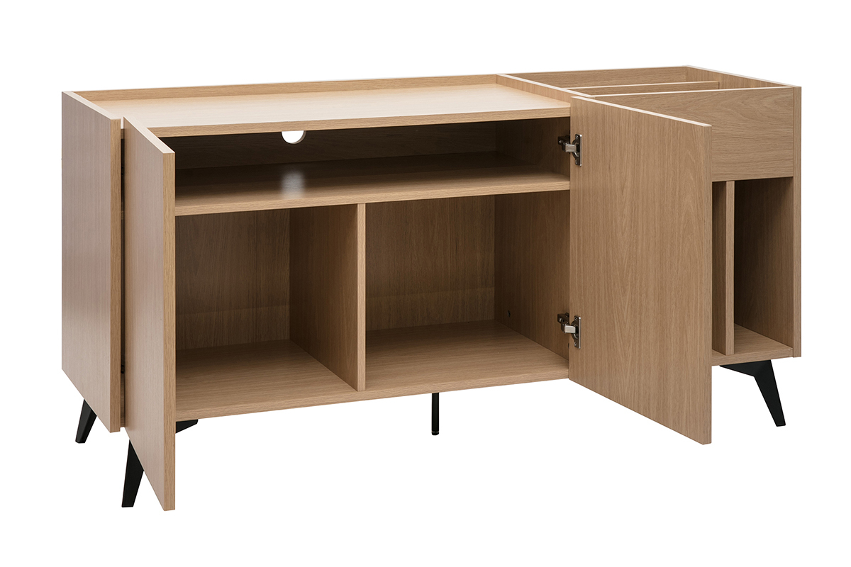 Buffet de rangement avec portes ouvertes en bois clair ch�ne avec pieds en m�tal noir, L140 cm, style moderne.