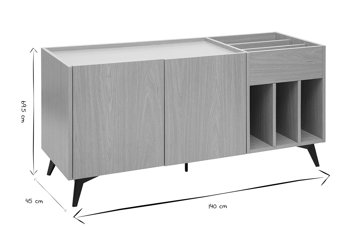 Buffet de rangement pour vinyles en bois clair finition ch�ne, pieds en m�tal noir, dimensions L140 x P45 x H69,5 cm.