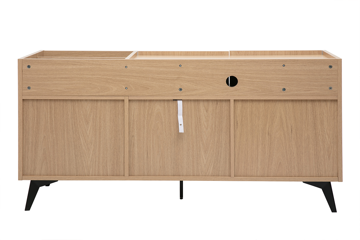 Buffet de rangement vinyles en bois clair et m�tal noir, vue de dos.
