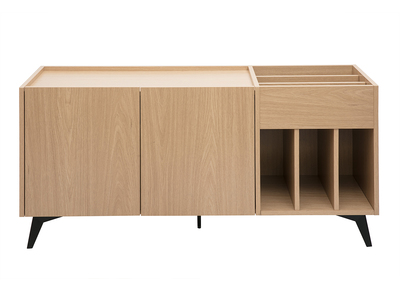 Buffet de rangement vinyles en bois clair finiton ch&ecirc;ne et m&eacute;tal noir L140 cm SEDA
