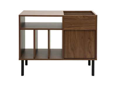 Buffet de rangement vinyles en bois fonc&eacute; finiton noyer et m&eacute;tal noir L90 cm KANE