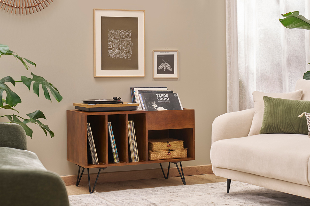 Buffet de rangement vinyles en bois manguier massif et m�tal L90 cm BOOGIE