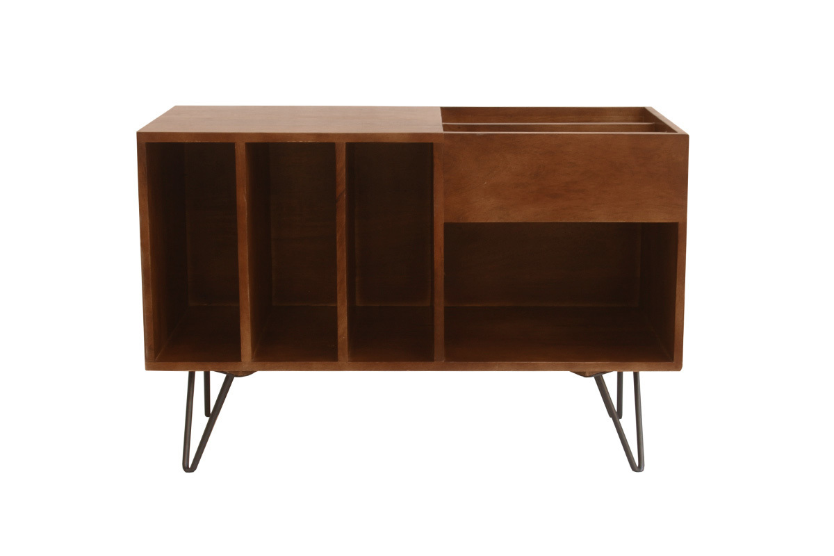 Buffet de rangement vinyles en bois manguier massif teint� et m�tal L90 cm BOOGIE