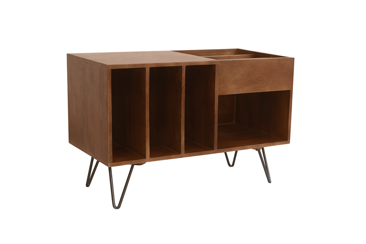 Buffet de rangement vinyles en bois manguier massif teint� et m�tal L90 cm BOOGIE