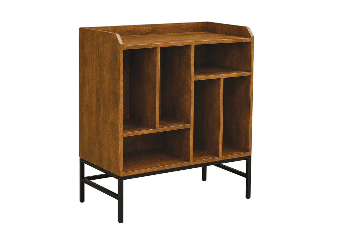 Buffet de rangement vinyles en bois massif et m�tal noir, vue de 3/4