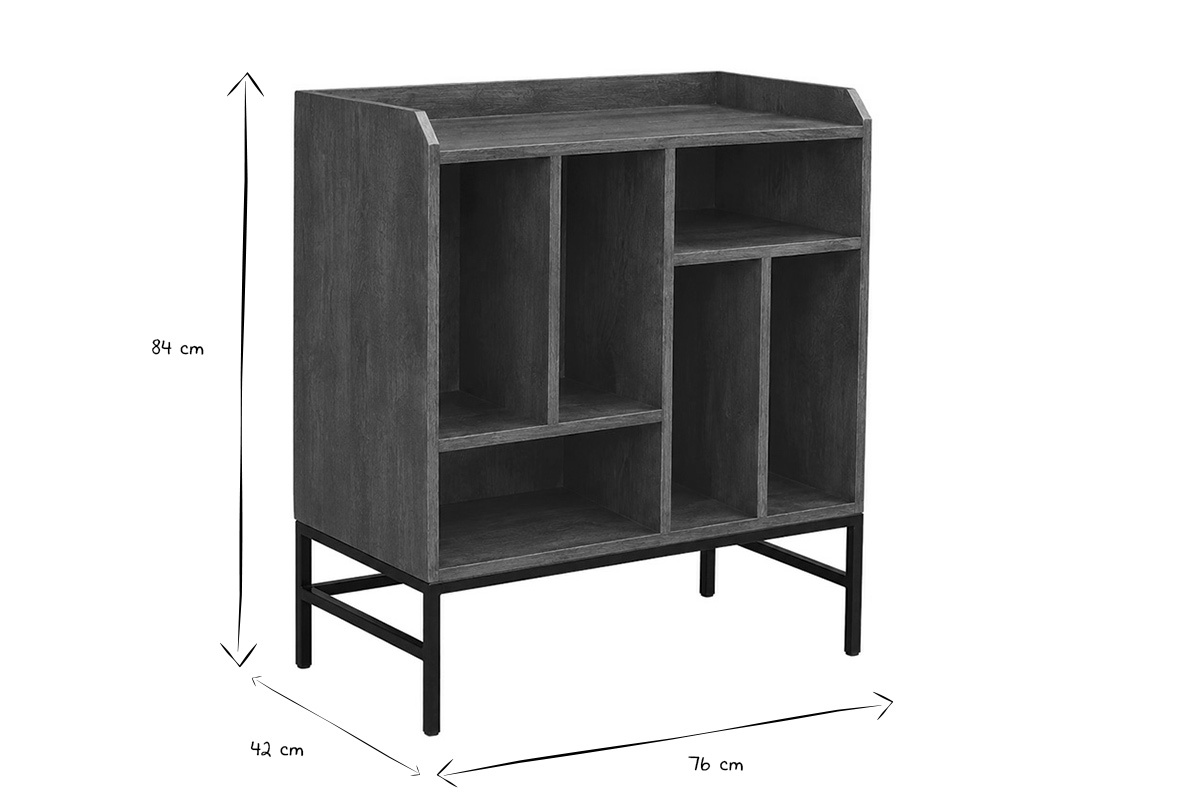 Buffet de rangement vinyles en bois et m�tal noir, dimensions en noir et blanc : L76 x P42 x H84 cm.