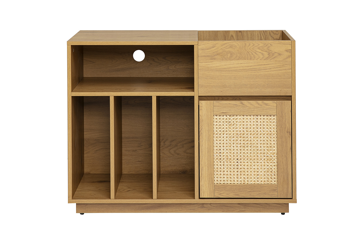 Buffet de rangement pour vinyles en bois clair ch�ne avec cannage rotin, vue de face.