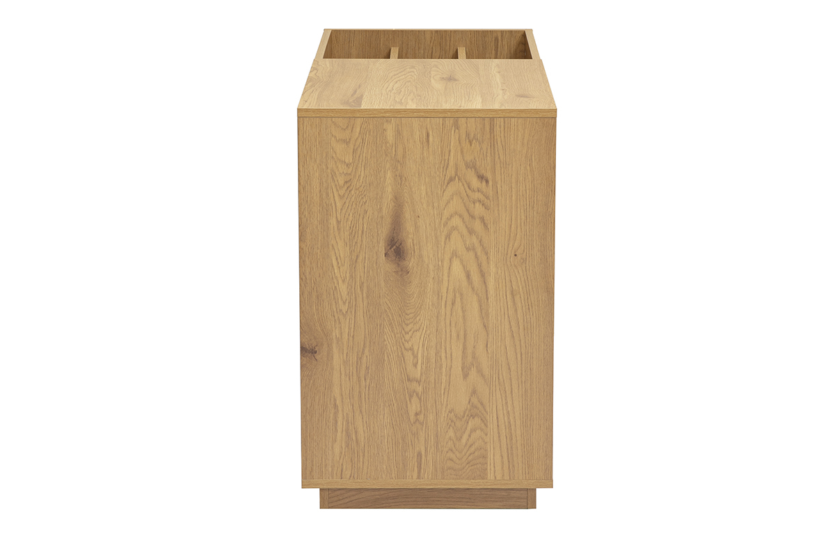 Buffet de rangement vinyles en bois clair ch�ne, vue de profil, avec niches ouvertes
