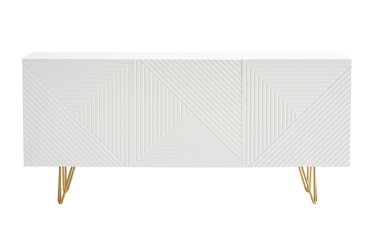 Buffet design blanc et m�tal dor� 3 portes L160 cm OZEN