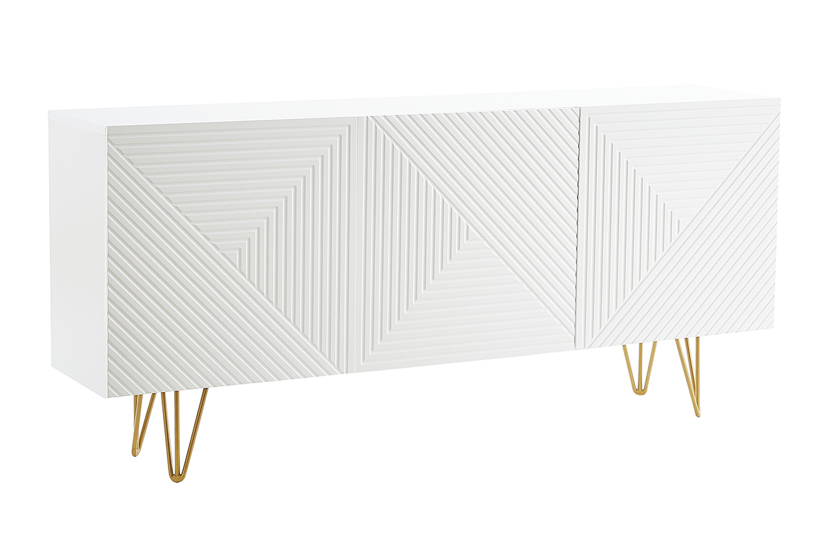 Buffet design blanc et m�tal dor� 3 portes L160 cm OZEN