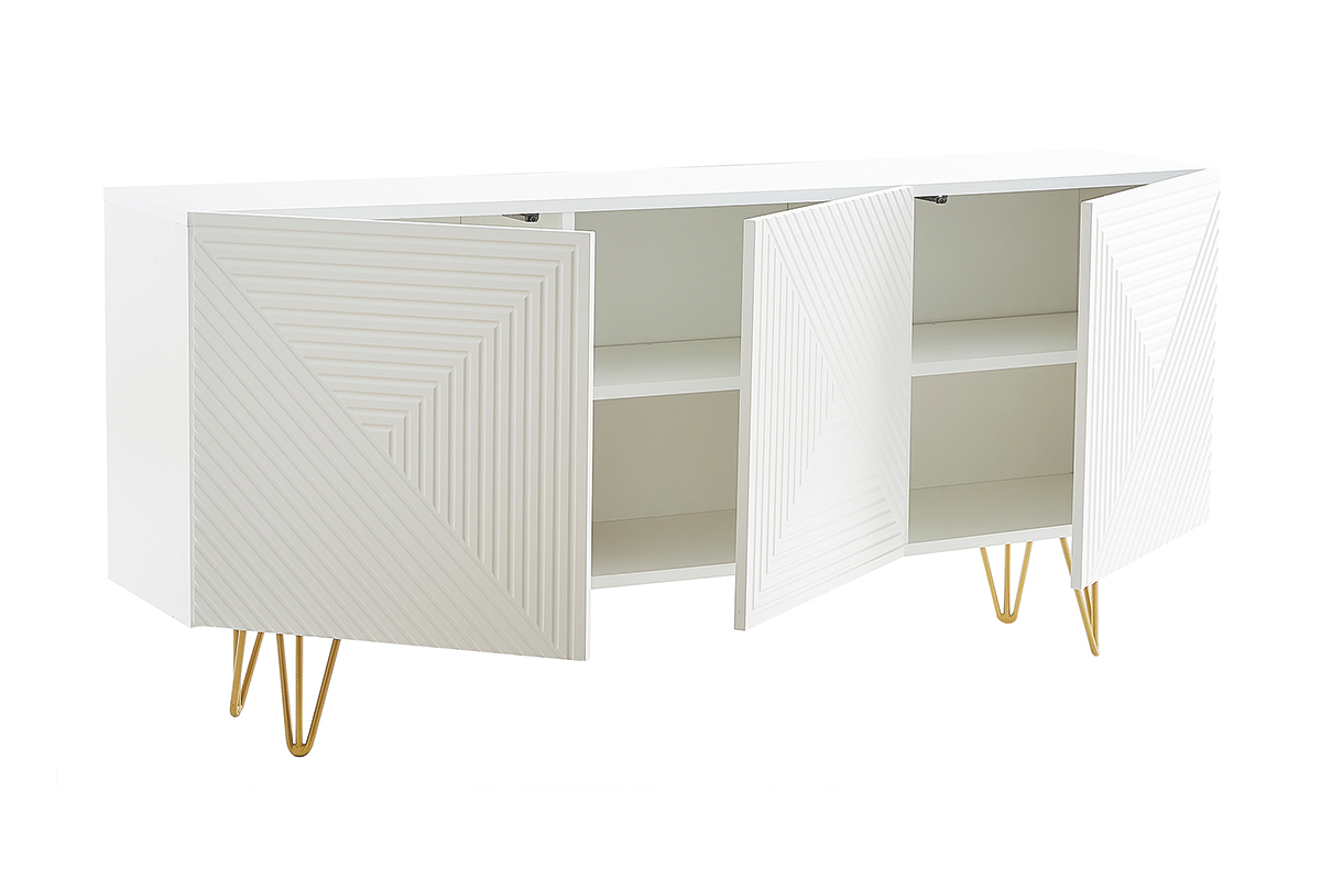 Buffet design blanc et m�tal dor� 3 portes L160 cm OZEN