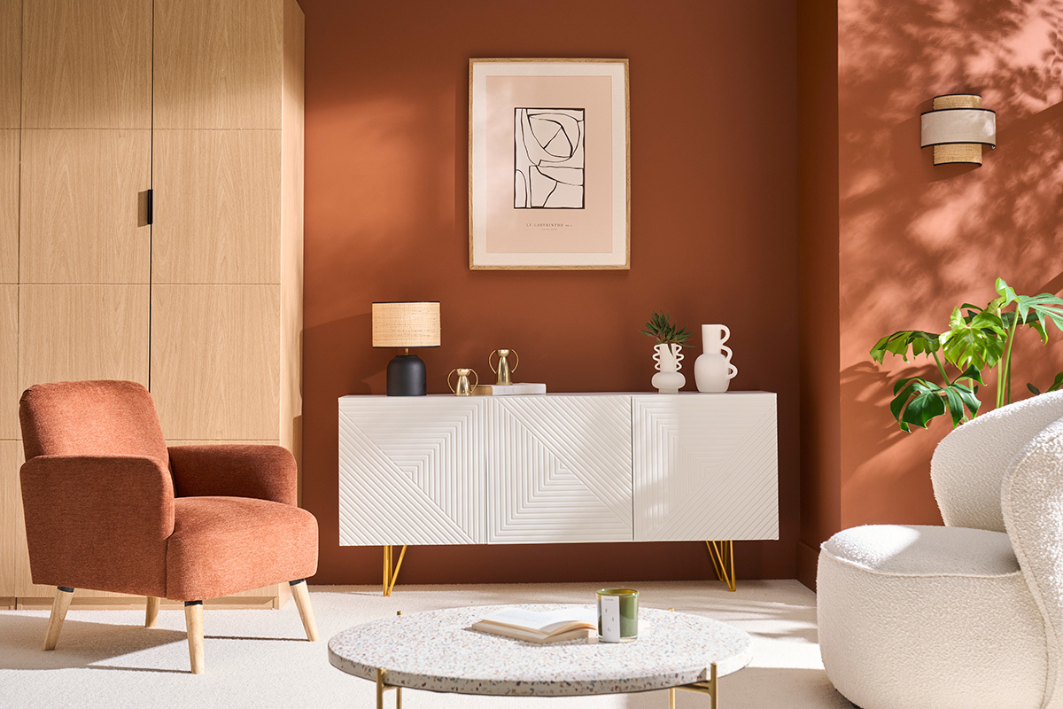 Buffet design blanc et m�tal dor� 3 portes L160 cm OZEN