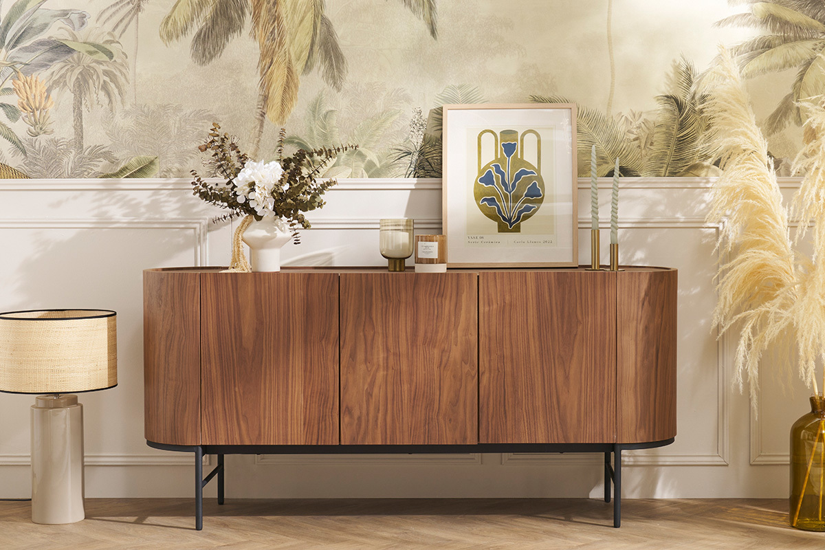 Buffet design bois fonc� noyer et m�tal noir 3 portes L160 cm SKYE