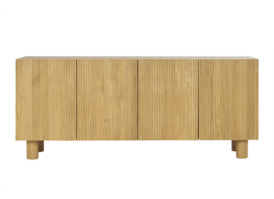 Buffet design en bois clair ch&ecirc;ne massif grav&eacute; 4 portes L180 cm GOSHI