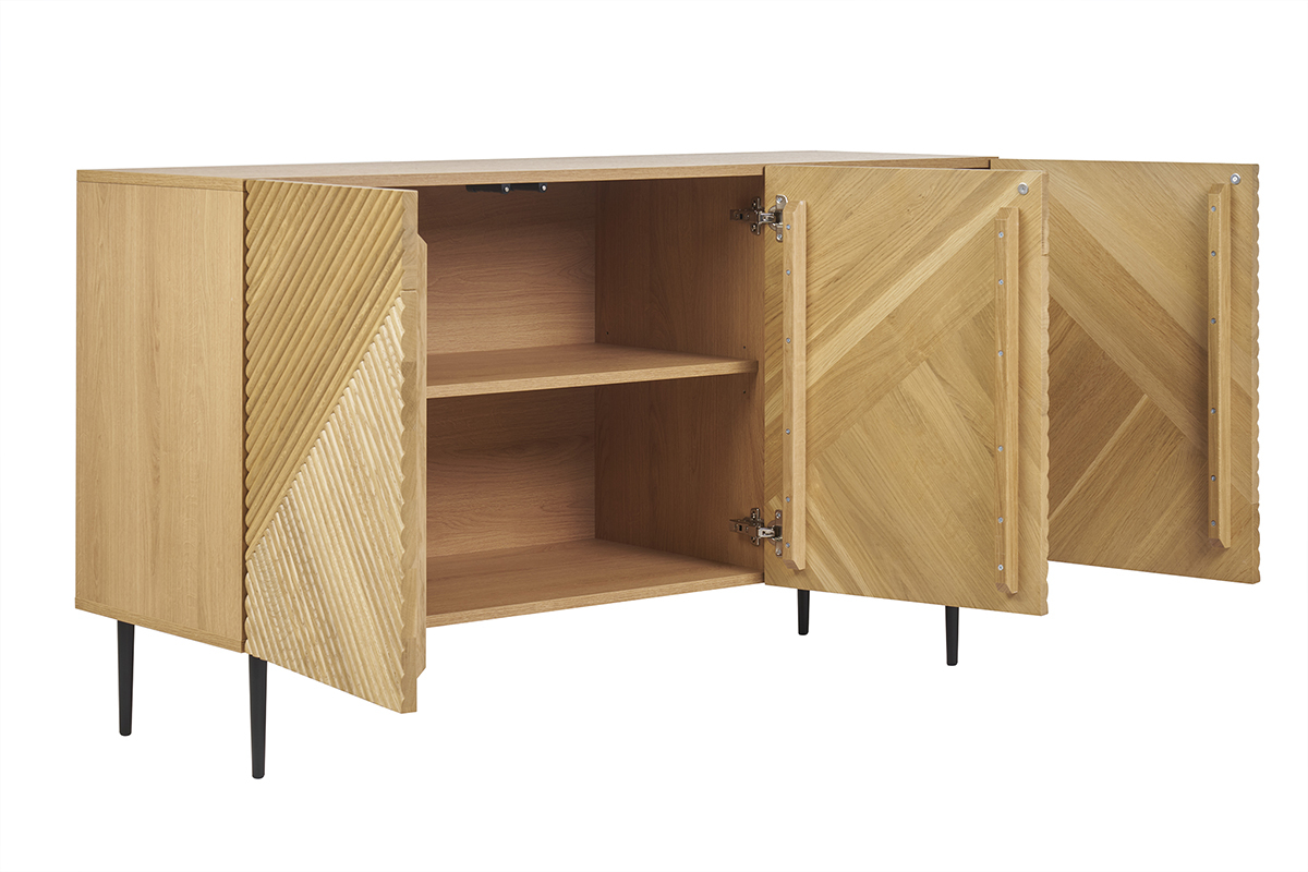 Buffet design en bois clair ch�ne massif grav� et m�tal noir 3 portes L135 cm ARCHIPEL