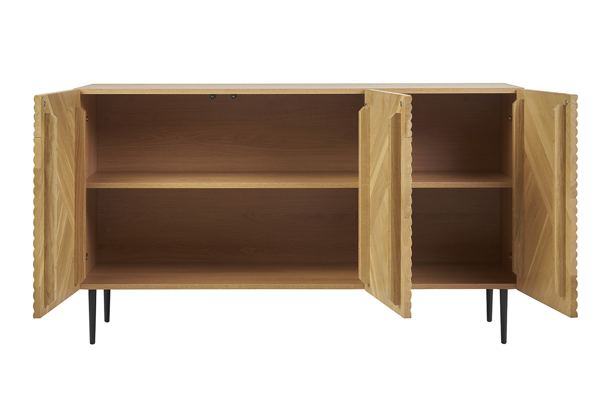 Buffet design en bois clair ch�ne massif grav� et m�tal noir 3 portes L135 cm ARCHIPEL