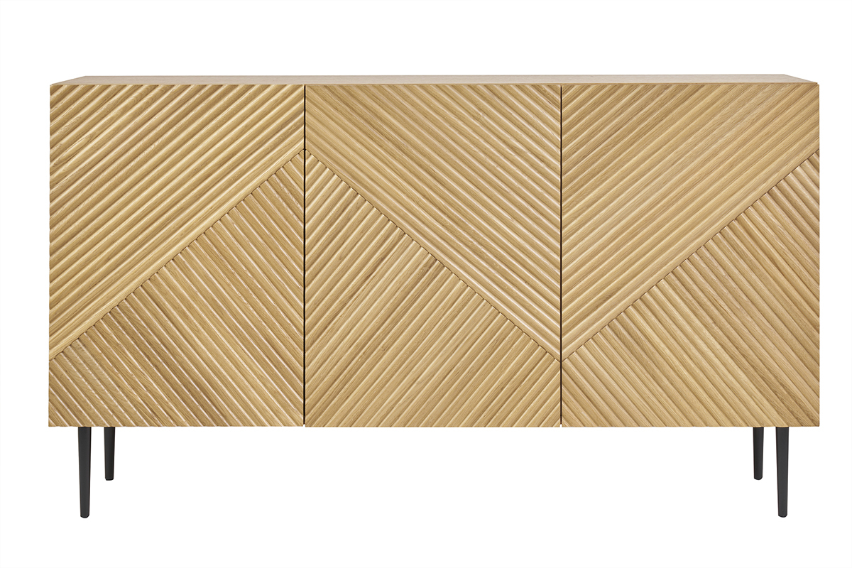 Buffet design en bois clair ch�ne massif grav� et m�tal noir 3 portes L135 cm ARCHIPEL