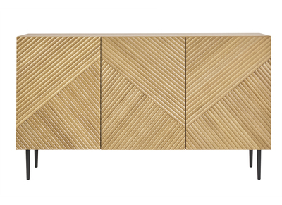 Buffet design en bois clair ch&ecirc;ne massif grav&eacute; et m&eacute;tal noir 3 portes L135 cm ARCHIPEL